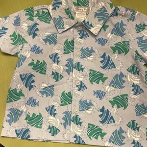 Kids Blue and Green Fish Print Button Down Shirt